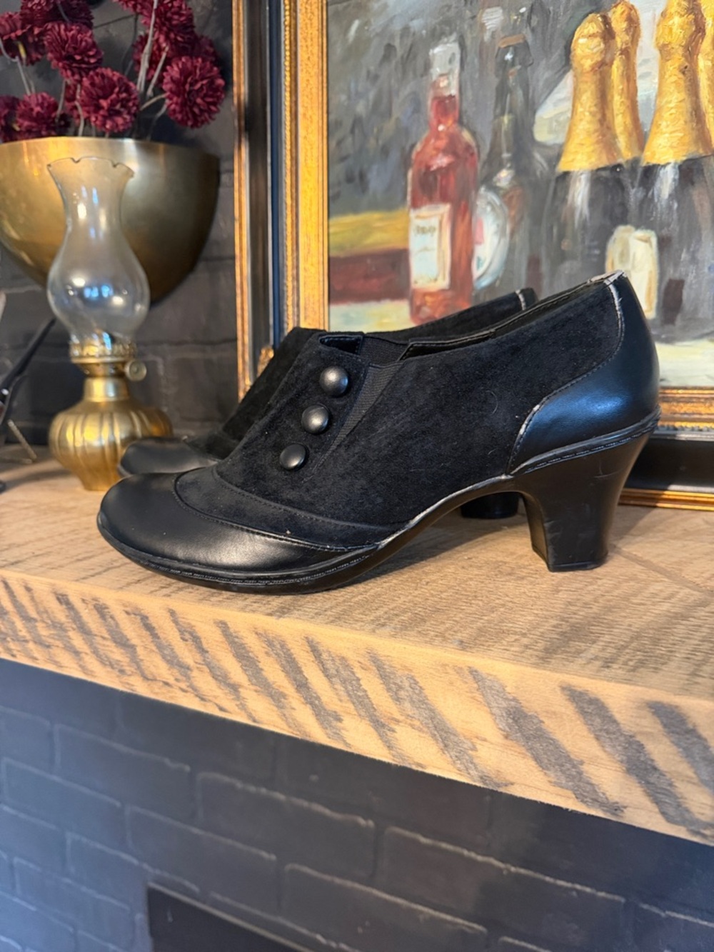 Bella Vita Black Suede and Leather Button Low Heel Pumps